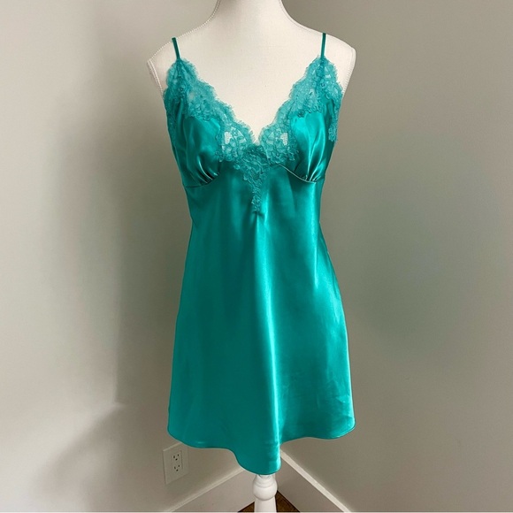 Vintage Y2K La Senza Satin Babydoll Slip Dress Lace Trim Turquoise Size Medium - Picture 1 of 7